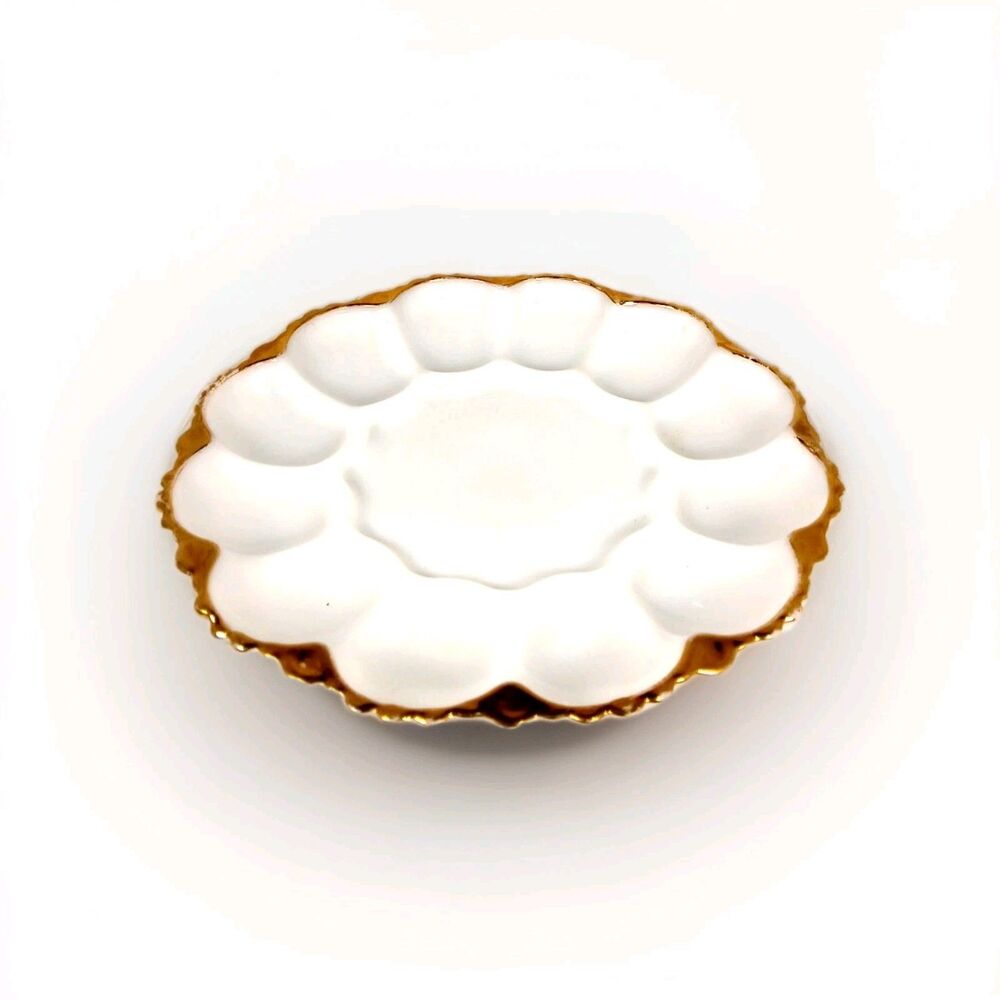Vintage  Anchor Hocking Fire King-Deviled Egg Plater Milk Glass Dish Gold Trim